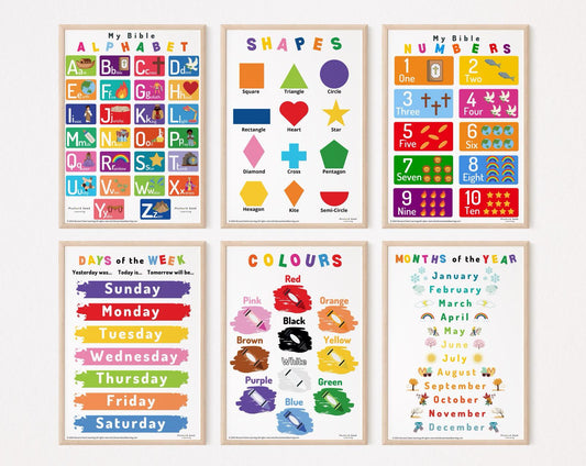 Educational Bundle (Alphabets, Numbers, Shapes, Colours, Days, Months Posters)